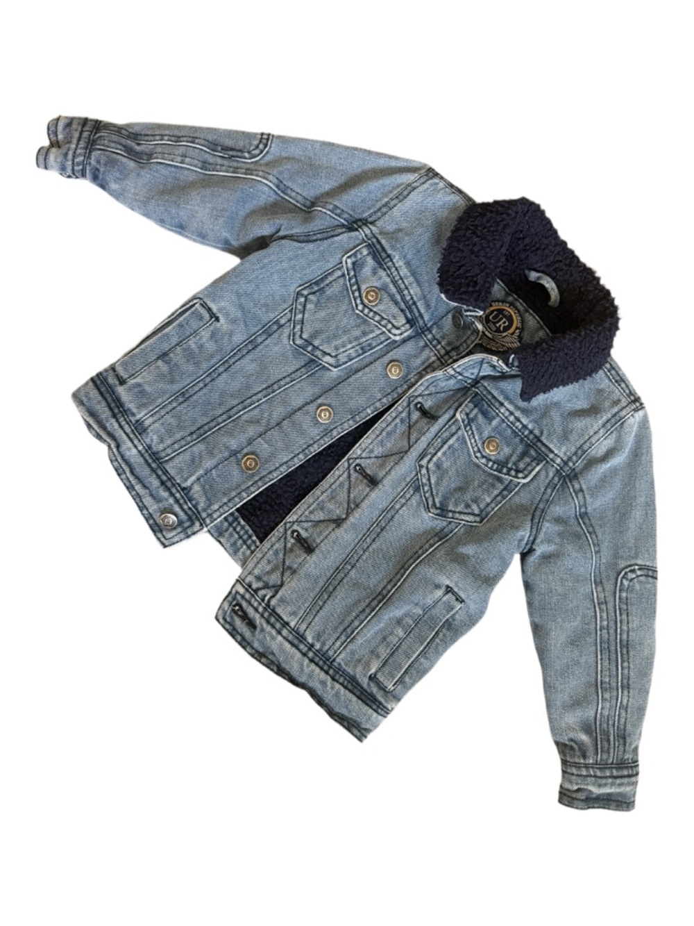 Urban Republic 3T Blue Denim Jacket with Navy Sherpa Collar and Lining 90’s